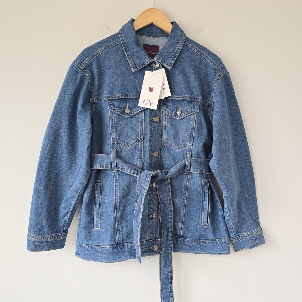 Gloria Vanderbilt Oversized Trucker Denim Jacket S Blue NWT Belted - Picture 2 of 9
